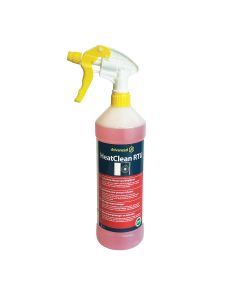 This is a 1L bottle of HeatClean RTU heat pump cleaner with a yellow spray nozzle. It features a red and white label with eco-friendly branding and is designed for UK use on air conditioning units.