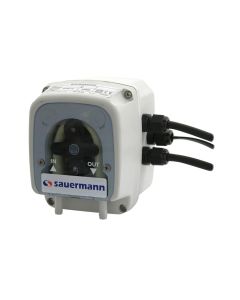 This is a white Sauermann PE-5100 peristaltic condensate pump with a transparent front panel that displays the internal roller mechanism. The pump features two black cables on the right side, labelled "IN" and "OUT" ports for suction and discharge, and th