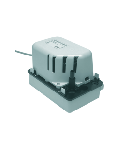 Sauermann Si-1805 Centrifugal Tank Pump, a compact grey and black device with a 0.5L tank, featuring a black outlet pipe, white float, and two inlet holes, designed for air conditioning units and gas condensing boilers, shown against a white background.