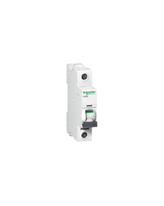 The image shows a Schneider Electric iC60H circuit breaker. This device is used to protect electrical circuits from overloads and short circuits. The green indicator suggests it is in the "on" position.