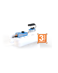 Compact blue MicroBlue condensate pump kit with slim fascia, white reservoir, tubing connections, and 3-year warranty badge, ideal for quiet, concealed HVAC installations.