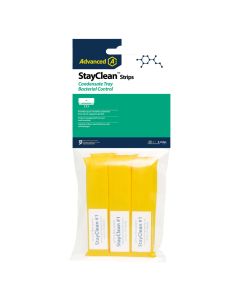 StayClean S010307GB Antibacterial Strips packaging for air conditioning condensate trays, featuring a pack of three yellow Size 1 strips, with a green and white label highlighting bacterial control and up to 6 months protection against microbial growth an