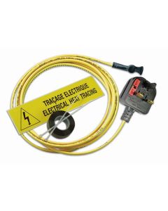 A coiled yellow electrical heat tracing cable with a black UK-style plug on one end and a black end cap on the other. A yellow label with a lightning bolt symbol and the text "TRAÇAGE ÉLECTRIQUE HEAT TRACING" is placed across the coil. A roll of black ele