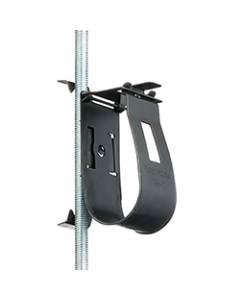 A black DiversiTech TRH-3 Threaded Rod Hanger is shown attached to a vertical M8 or M10 threaded rod. The spring steel clamp features a sleek design with a curved shape to securely hold insulated copper pipes, finished with a corrosion-resistant black zin