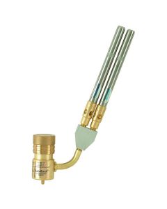 The image shows a handheld propane torch, specifically a "TurboTorch" model featuring two parallel torch tips. This type of tool is commonly used for welding, brazing, or soldering. It has a brass body and adjustable flame control. Turbotorch STK-11 Doubl