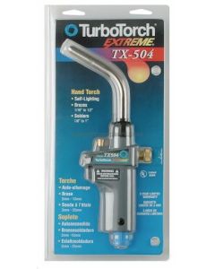 The image shows the packaging of a TurboTorch Extreme TX-504, a handheld torch tool. The packaging is predominantly blue with white and yellow text. At the top, the brand name "TurboTorch" is displayed in a circular logo, followed by "EXTREME" in bold red