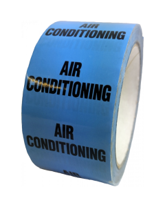 A roll of blue 50mm Air Conditioning Pipe Identification Tape with bold black text reading "AIR CONDITIONING" repeated around the roll, set against a black background.