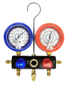 Javac EL74300 2-valve multi-gas refrigeration manifold with forged aluminium body, large 80mm pressure gauges showing Bar/PSI and °C/°F scales, protective rubber surrounds, built-in sight glass, and 1/4-turn piston valves – professional HVAC tool for R134