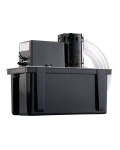 Little Giant VCL-24S Condensate Removal Pump with a black ABS plastic tank, stainless steel motor shaft, and attached 3/8" I.D. vinyl tubing for discharge, designed for efficient condensate removal in HVAC systems.