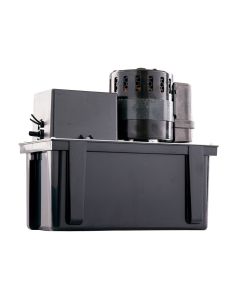 Little Giant VCL-45ULS Condensate Pump, a black rectangular unit with a 1-gallon ABS tank, featuring a cylindrical motor with ventilation slots on top, a stainless steel motor shaft, and a safety switch with lead wires, designed for efficient condensate r