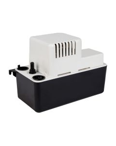 Little Giant VCMA20S Condensate Removal Tank Pump 554471 with a black ABS tank, white top, three 1" inlets, and a 3/8" barbed check valve against a white background.