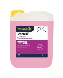 A white plastic container with a yellow cap holds 25 litres of Advanced Vertex pH 7 Neutral Universal Coil Cleaner. The label features a purple and white design with text describing the product as a non-corrosive cleaner for microchannel and coils, effect