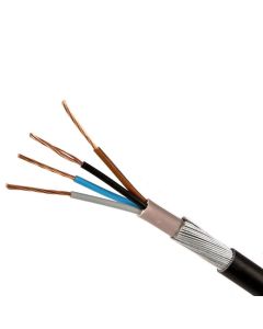A black electrical cable with its outer insulation partially removed, revealing four inner wires with different colored insulation (blue, grey, black, and brown) and a bare copper ground wire. The cable also has a braided metal shield beneath the outer in