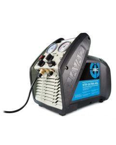A JAVAC XTR-Ultra A2L vacuum pump with a black and grey body and a blue label on the right side reading "JAVAC XTR-Ultra A2L" in white text, with smaller text below indicating "Lightweight - 8.4KG" and "Ultimate Vacuum 15 Micron." The JAVAC logo, in blue 