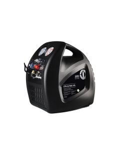 A black, portable vacuum pump labelled "JAVAC XTR-ALTIMA A2L" with a sleek, rounded design and a sturdy top handle. The front features two analogue pressure gauges with white faces and black markings, positioned side by side, and several control knobs, in