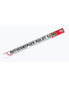 A white and red cylindrical tool with black and green text that reads "ROTHENBERGER-ROLOT S2 QUALITÄTSHARTLOT NACH DIN 8513 FÜR DIE SANITÄR-, HEIZUNGS- UND GASINSTALLATION." The tool has a green tree logo and a red label with "ÖKO L-AG2P" written on it.