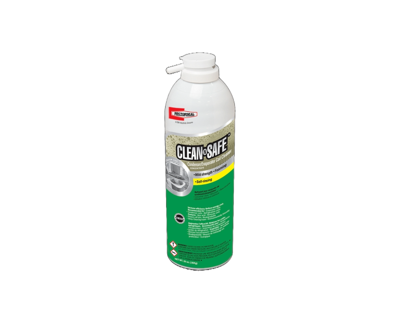 A 20 oz aerosol can of RectorSeal Clean-N-Safe Coil Cleaner features a white and green label with the product name prominently displayed. The label includes an image of a condenser coil and text highlighting its use as a max-strength, self-rinsing foaming A 20 oz aerosol can of RectorSeal Clean-N-Safe Coil Cleaner features a white and green label with the product name prominently displayed. The label includes an image of a condenser coil and text highlighting its use as a max-strength, self-rinsing foaming