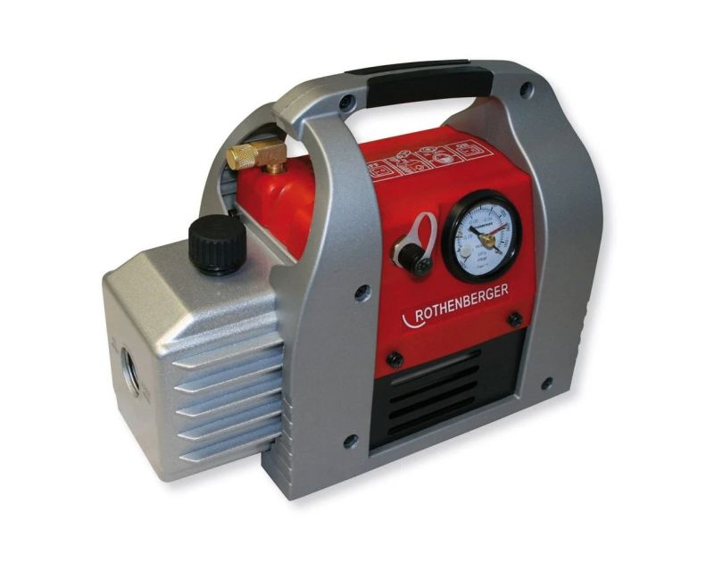 A Rothenberger ROAIRVAC 1.5 CFM Refrigerant Vacuum Pump with a grey and red body, featuring a black handle, a pressure gauge on the front, a red oil reservoir with a black cap, and a brass connector. The pump has a sturdy aluminium housing with cooling fi A Rothenberger ROAIRVAC 1.5 CFM Refrigerant Vacuum Pump with a grey and red body, featuring a black handle, a pressure gauge on the front, a red oil reservoir with a black cap, and a brass connector. The pump has a sturdy aluminium housing with cooling fi
