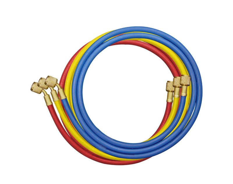 A set of three coiled HVAC hoses (blue, yellow, and red) with brass fittings, arranged in a circular shape against a white background. Each hose has knurled brass nuts on both ends for secure connections. A set of three coiled HVAC hoses (blue, yellow, and red) with brass fittings, arranged in a circular shape against a white background. Each hose has knurled brass nuts on both ends for secure connections.