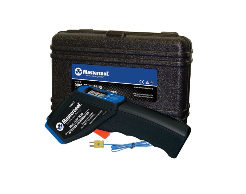 Mastercool 52225-A Dual Temp Plus Infrared Thermometer is placed in front of its black plastic carrying case. The thermometer has a black ergonomic handle, a blue and black body, and a backlit LCD display. A blue K-type thermocouple probe with a yellow co Mastercool 52225-A Dual Temp Plus Infrared Thermometer is placed in front of its black plastic carrying case. The thermometer has a black ergonomic handle, a blue and black body, and a backlit LCD display. A blue K-type thermocouple probe with a yellow co