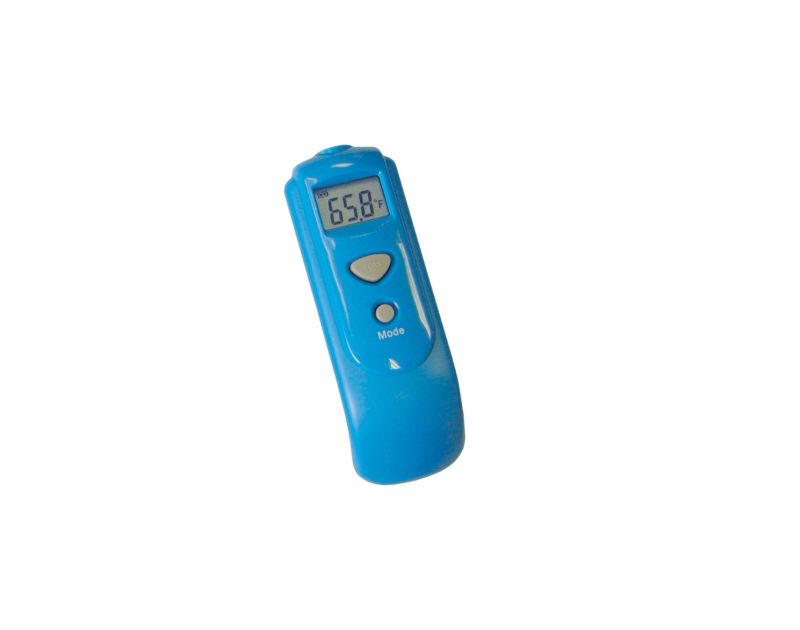 A blue Mastercool 52227 Pocket Infrared Thermometer with a digital display showing a temperature reading of 65.8°F. The device has two buttons labelled "SET" and "MODE" below the screen. A blue Mastercool 52227 Pocket Infrared Thermometer with a digital display showing a temperature reading of 65.8°F. The device has two buttons labelled "SET" and "MODE" below the screen.