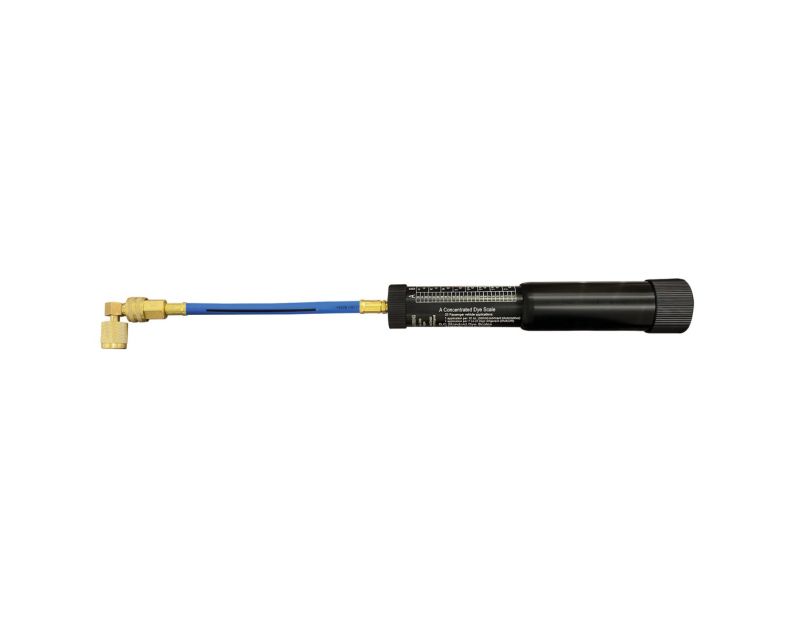 A black Mastercool 53123-A Refillable Universal Dye/Oil Injector with a blue hose, gold-colored brass fittings, and a coupler at one end, used for injecting dye or oil into A/C systems. The injector body has a label with measurement markings and usage ins A black Mastercool 53123-A Refillable Universal Dye/Oil Injector with a blue hose, gold-colored brass fittings, and a coupler at one end, used for injecting dye or oil into A/C systems. The injector body has a label with measurement markings and usage ins
