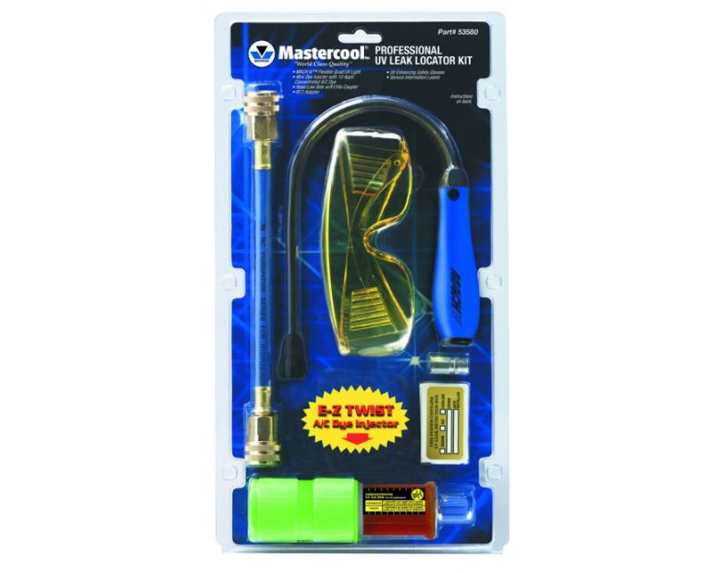 Mastercool Professional UV Leak Locator Kit (Part #53580) is blister-packed on a white cardboard backing. It features a blue hose with brass fittings, yellow UV protective goggles, a blue-handled UV flashlight, a yellow dye bottle with applicator, a silve Mastercool Professional UV Leak Locator Kit (Part #53580) is blister-packed on a white cardboard backing. It features a blue hose with brass fittings, yellow UV protective goggles, a blue-handled UV flashlight, a yellow dye bottle with applicator, a silve