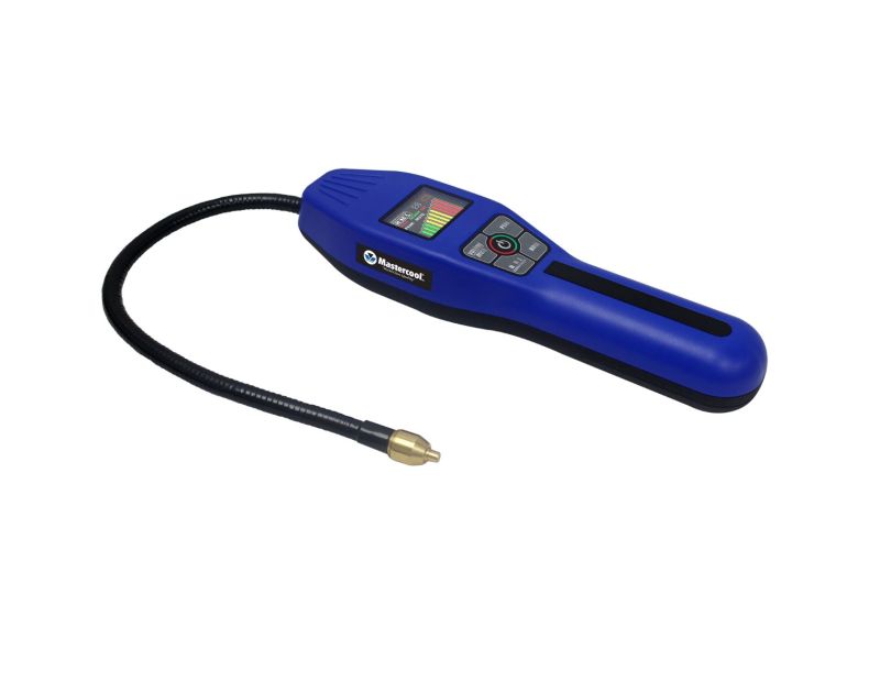 A blue Mastercool 55800 Intellasense Refrigerant Leak Detector with a black 16-inch flexible probe, featuring a gold-colored sensor tip. The device has a digital LCD display with signal level bars, sensitivity indicators, and control buttons on the keypad A blue Mastercool 55800 Intellasense Refrigerant Leak Detector with a black 16-inch flexible probe, featuring a gold-colored sensor tip. The device has a digital LCD display with signal level bars, sensitivity indicators, and control buttons on the keypad