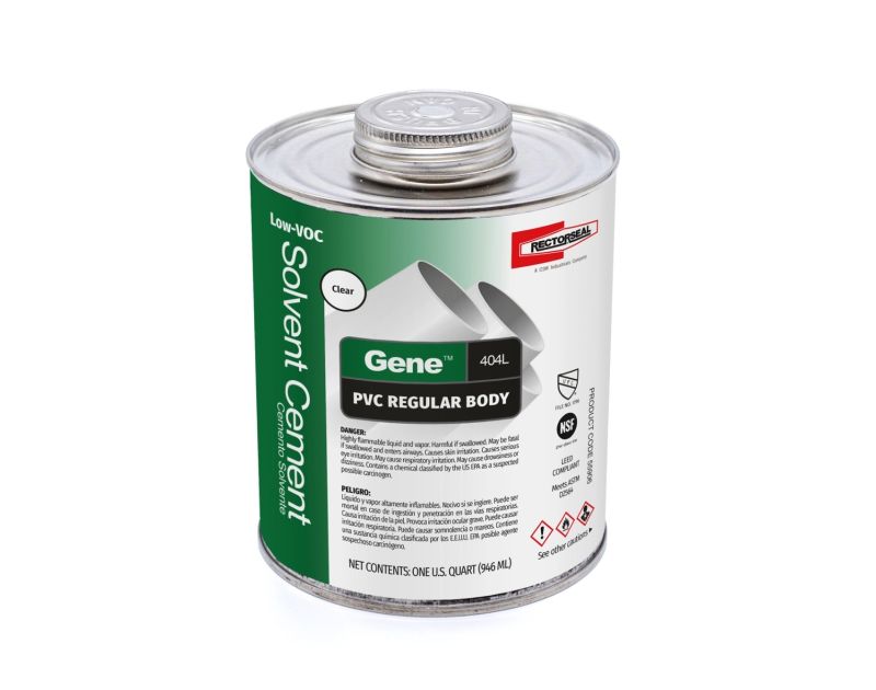 RectorSeal Gene Low-VOC Clear PVC Solvent Cement in a 946ml (1 quart) can, green label with clear body adhesive for regular PVC pipes, featuring NSF and IAPMO certifications, designed for HVAC drain and overflow applications. RectorSeal Gene Low-VOC Clear PVC Solvent Cement in a 946ml (1 quart) can, green label with clear body adhesive for regular PVC pipes, featuring NSF and IAPMO certifications, designed for HVAC drain and overflow applications.