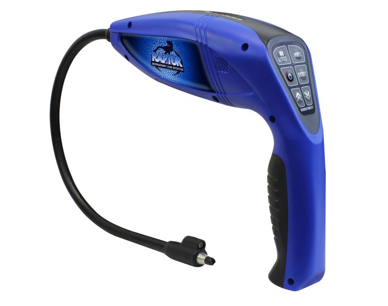 A blue Mastercool 56200 Raptor Refrigerant Leak Detector with UV Blue Light, featuring a flexible black probe with a sensor tip, a keypad with buttons for power, sensitivity adjustment, alarm mute, UV light, and reset functions, and "Raptor Refrigerant Le A blue Mastercool 56200 Raptor Refrigerant Leak Detector with UV Blue Light, featuring a flexible black probe with a sensor tip, a keypad with buttons for power, sensitivity adjustment, alarm mute, UV light, and reset functions, and "Raptor Refrigerant Le