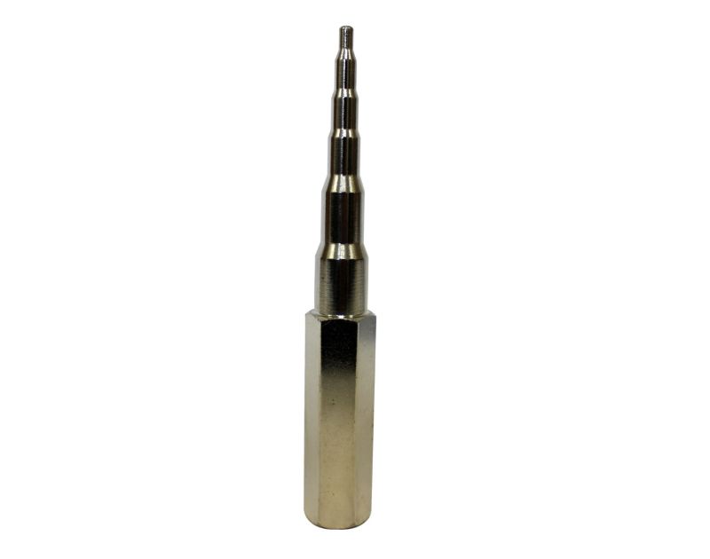 The image shows a Mastercool 70040 All-In-One Swaging Punch, a metallic tool designed for expanding copper tubing. The tool has a stepped, conical shape with multiple diameter sections, allowing it to swage different sizes of tubing (1/4", 5/16", 3/8", 1/
