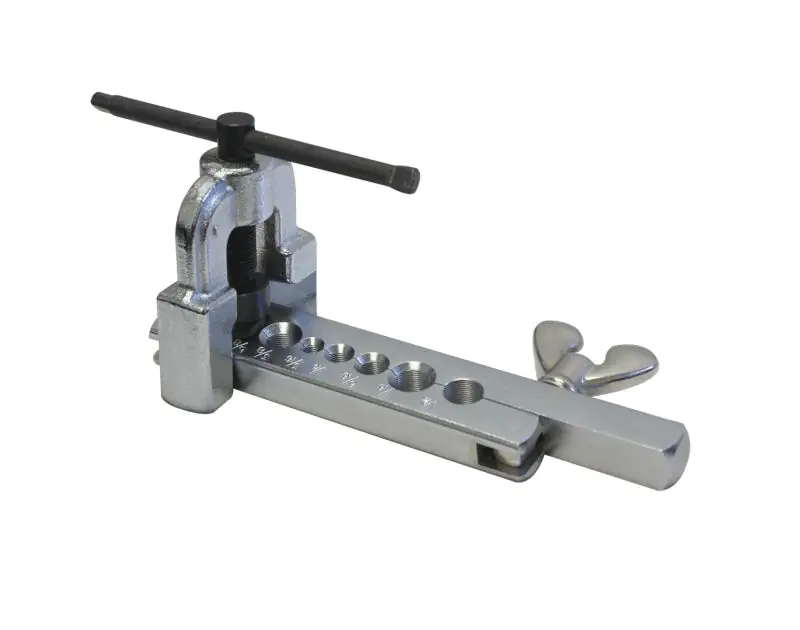 Mastercool 70051 45° flaring tool with a metallic finish, featuring a yoke with a black-handled screw for pressing, a flaring bar with multiple size holes (3/16" to 5/8" O.D.), and two wing nuts for securing the bar. The tool is designed to create precise
