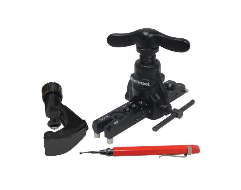 Image of the Mastercool 70058-A 45° Eccentric Flaring Tool Kit, featuring a black eccentric flaring tool with a clamp bar labelled for 1/4" to 3/4" O.D. tubing, a black tube cutter for 1/8" to 1-1/8" tubing, and a red-handled inner-outer reamer with a met Image of the Mastercool 70058-A 45° Eccentric Flaring Tool Kit, featuring a black eccentric flaring tool with a clamp bar labelled for 1/4" to 3/4" O.D. tubing, a black tube cutter for 1/8" to 1-1/8" tubing, and a red-handled inner-outer reamer with a met