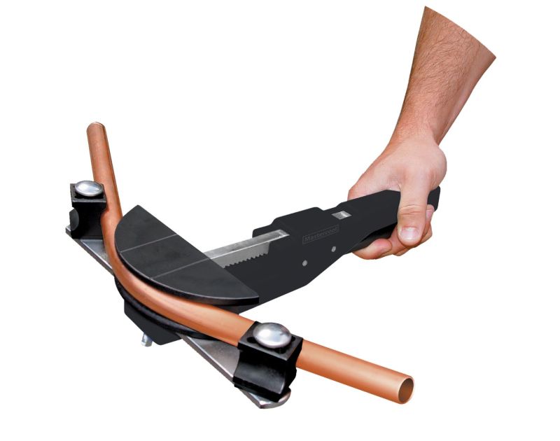 A hand holding the Mastercool 70070 Ratchet Style Tube Bender, bending a copper tube. The tool features a black ratchet mechanism, a curved radius block, and support blocks securing the tube. A hand holding the Mastercool 70070 Ratchet Style Tube Bender, bending a copper tube. The tool features a black ratchet mechanism, a curved radius block, and support blocks securing the tube.