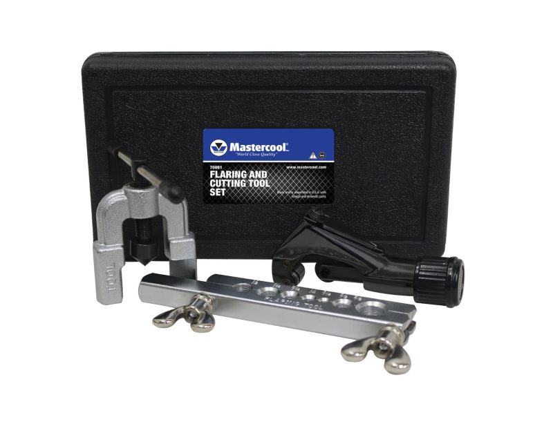 Mastercool 70091 45° Flaring & Cutting Tool Set in a black plastic carrying case. The set includes a heavy-duty tube cutter, a 45-degree flaring tool, and a flaring bar with multiple size holes (3/16" to 5/8" O.D.). The case label displays the Mastercool Mastercool 70091 45° Flaring & Cutting Tool Set in a black plastic carrying case. The set includes a heavy-duty tube cutter, a 45-degree flaring tool, and a flaring bar with multiple size holes (3/16" to 5/8" O.D.). The case label displays the Mastercool