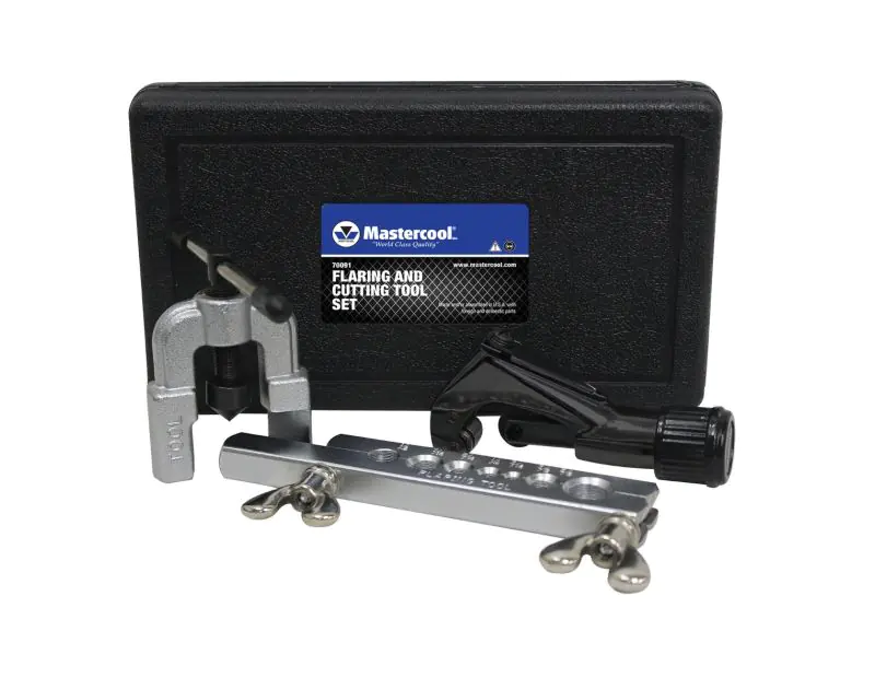 Mastercool 70091 45° Flaring & Cutting Tool Set in a black plastic carrying case. The set includes a heavy-duty tube cutter, a 45-degree flaring tool, and a flaring bar with multiple size holes (3/16" to 5/8" O.D.). The case label displays the Mastercool Mastercool 70091 45° Flaring & Cutting Tool Set in a black plastic carrying case. The set includes a heavy-duty tube cutter, a 45-degree flaring tool, and a flaring bar with multiple size holes (3/16" to 5/8" O.D.). The case label displays the Mastercool