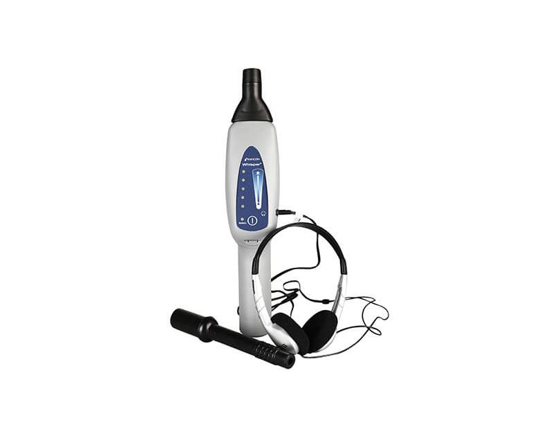 INFICON Whisper ultrasonic leak detector kit: handheld grey unit with blue LED display, sensitivity buttons, headphone jack, flexible rubber probe, solid contact probe, and over-ear headphones. INFICON Whisper ultrasonic leak detector kit: handheld grey unit with blue LED display, sensitivity buttons, headphone jack, flexible rubber probe, solid contact probe, and over-ear headphones.