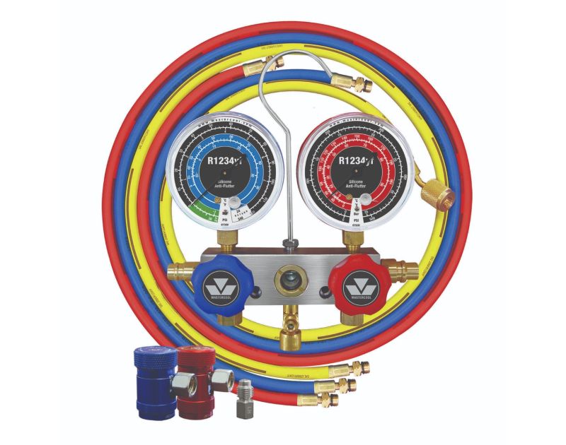 Mastercool R1234yf 2-Way Piston Valve Manifold Gauge Set (83272) featuring two large anti-flutter gauges labelled for R1234yf, with blue and red dials displaying PSI, Bar, and temperature scales. The manifold has blue and red easy-grip knobs, a central si