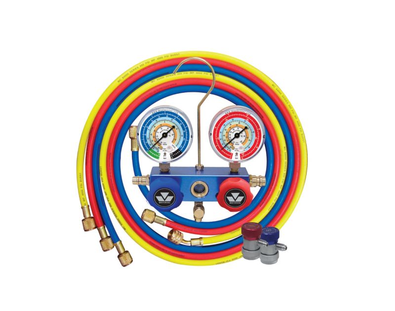 Mastercool 4-Way Manifold Gauge Set with Colour-Coded Hoses and Quick-Connect Couplers, shown with red, blue, and yellow hoses, two gauges, and manual couplers, ideal for automotive A/C servicing. Mastercool 4-Way Manifold Gauge Set with Colour-Coded Hoses and Quick-Connect Couplers, shown with red, blue, and yellow hoses, two gauges, and manual couplers, ideal for automotive A/C servicing.