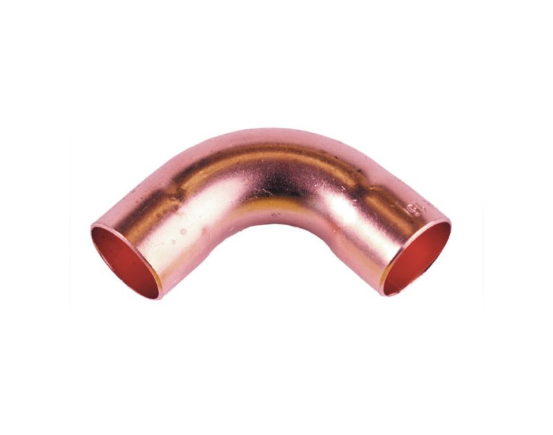 A 1 5/8 inch 90-degree long elbow copper fitting (C x C) with a polished copper surface, designed for ACR systems, displayed on a white background. A 1 5/8 inch 90-degree long elbow copper fitting (C x C) with a polished copper surface, designed for ACR systems, displayed on a white background.