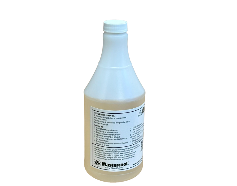 Alt text: A 128oz (1 gallon) bottle of Mastercool Vacuum Pump Oil with a white cap, featuring a white label with black and red text. The label includes instructions for use, such as draining when warm and checking the oil level, along with the Mastercool Alt text: A 128oz (1 gallon) bottle of Mastercool Vacuum Pump Oil with a white cap, featuring a white label with black and red text. The label includes instructions for use, such as draining when warm and checking the oil level, along with the Mastercool
