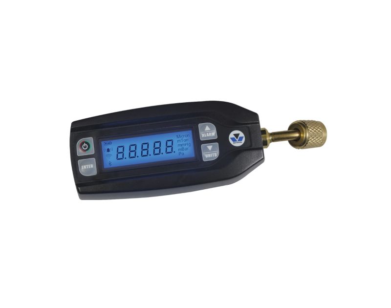 Mastercool 98063-BT Digital Vacuum Gauge with Bluetooth is a compact black device with a 5-digit LCD screen displaying '8.8.8.8' in blue and vacuum units in Micron and mBar. It features buttons for power, enter, alarm, and units, and a brass 1/4" SAE F-FL Mastercool 98063-BT Digital Vacuum Gauge with Bluetooth is a compact black device with a 5-digit LCD screen displaying '8.8.8.8' in blue and vacuum units in Micron and mBar. It features buttons for power, enter, alarm, and units, and a brass 1/4" SAE F-FL