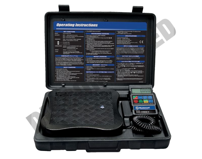 A Mastercool 98210-A Accu-Charge II Electronic Refrigerant Scale is shown inside an open black carrying case. The scale has a 9x9” non-slip platform and a digital display with control buttons. The case lid features detailed operating instructions, includi A Mastercool 98210-A Accu-Charge II Electronic Refrigerant Scale is shown inside an open black carrying case. The scale has a 9x9” non-slip platform and a digital display with control buttons. The case lid features detailed operating instructions, includi