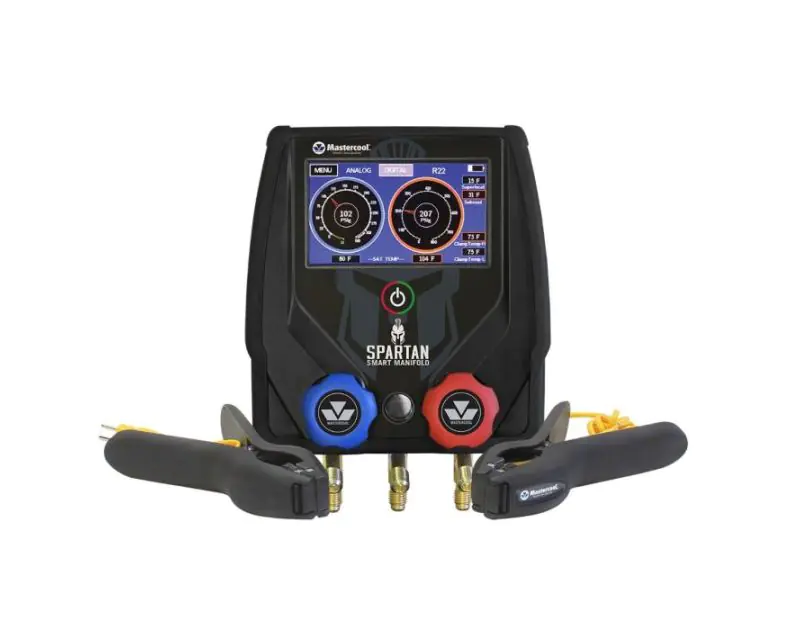 A Mastercool Spartan Smart Manifold device is shown, featuring a digital display with two pressure gauges (7 bar and 14.3 bar) and temperature readings (15.6°C SAT TEMP, 23.9°C CH TEMP). The device has blue and red valves, two clamp probes, and a power bu
