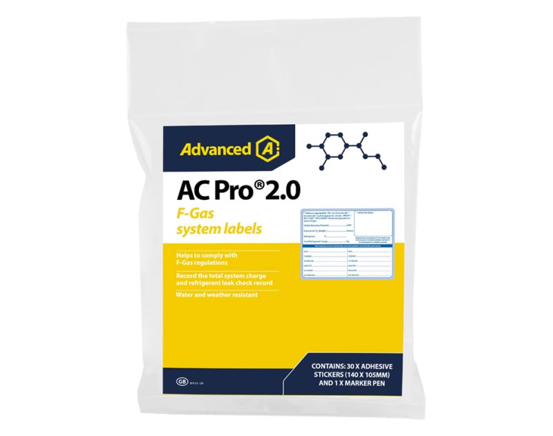 Product packaging for Aspen Pumps AC Pro 2.0 F-Gas system labels, showing a white bag with blue and yellow branding, including a sample label for recording refrigerant type, total system charge, and leak checks, plus details on 30 water- and weather-resis Product packaging for Aspen Pumps AC Pro 2.0 F-Gas system labels, showing a white bag with blue and yellow branding, including a sample label for recording refrigerant type, total system charge, and leak checks, plus details on 30 water- and weather-resis