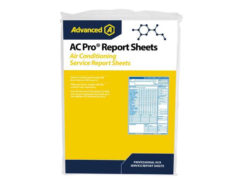 A package of AC Pro Report Sheets for air conditioning service, featuring a yellow and white design with the Advanced logo and a structured form for professional NCR service reports. A package of AC Pro Report Sheets for air conditioning service, featuring a yellow and white design with the Advanced logo and a structured form for professional NCR service reports.