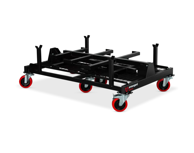 Armorgard PipeRack in collapsed position, featuring a black steel frame with red castor wheels, designed for compact storage and easy transport of pipes and conduits on construction sites.