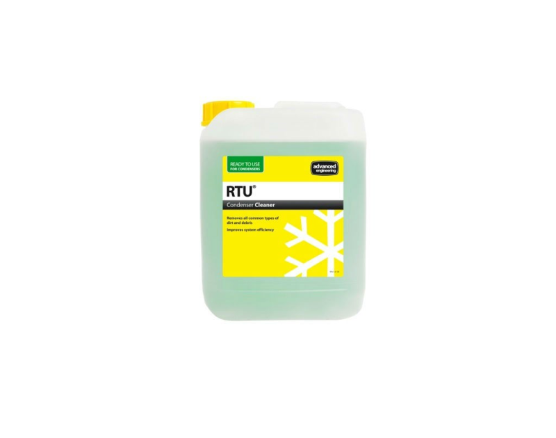 Aspen Pumps RTU CC Condenser Cleaner is a 5L bottle with a yellow cap and a green label with "Ready to Use for Condensers" and "RTU Condenser Cleaner" text. It is designed to remove dirt and debris while improving system efficiency.
