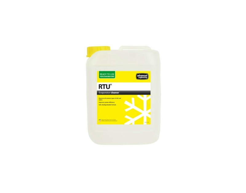 Aspen Pumps RTU EC Evaporator Cleaner 5L bottle with yellow cap, featuring a yellow label with "RTU Evaporator cleaner" text, a snowflake design, and "Ready to Use for Evaporators" and "Advanced Engineering" branding, used for cleaning air conditioning co Aspen Pumps RTU EC Evaporator Cleaner 5L bottle with yellow cap, featuring a yellow label with "RTU Evaporator cleaner" text, a snowflake design, and "Ready to Use for Evaporators" and "Advanced Engineering" branding, used for cleaning air conditioning co