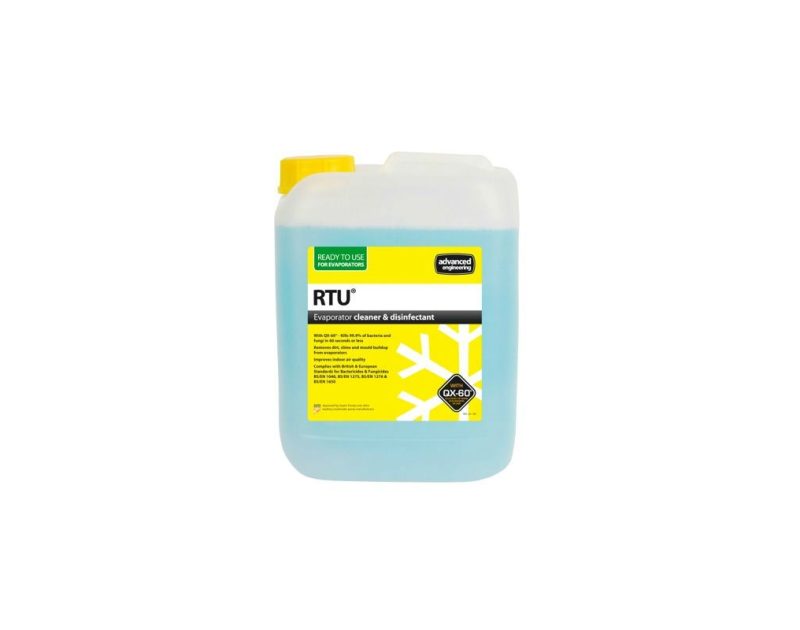 A 5-litre RTU Evaporator Cleaner & Disinfectant bottle by Aspen Pumps, featuring a light blue liquid inside a translucent container with a yellow cap. The label is yellow with black and green text, highlighting "READY TO USE FOR EVAPORATORS," "RTU Evapora A 5-litre RTU Evaporator Cleaner & Disinfectant bottle by Aspen Pumps, featuring a light blue liquid inside a translucent container with a yellow cap. The label is yellow with black and green text, highlighting "READY TO USE FOR EVAPORATORS," "RTU Evapora